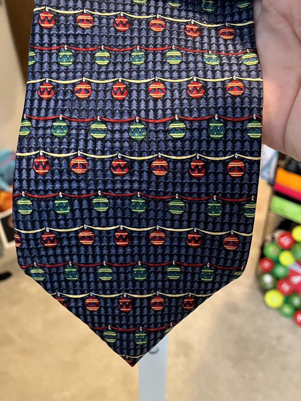 Men's Silk Navy Christmas Ornament Pattern Tie